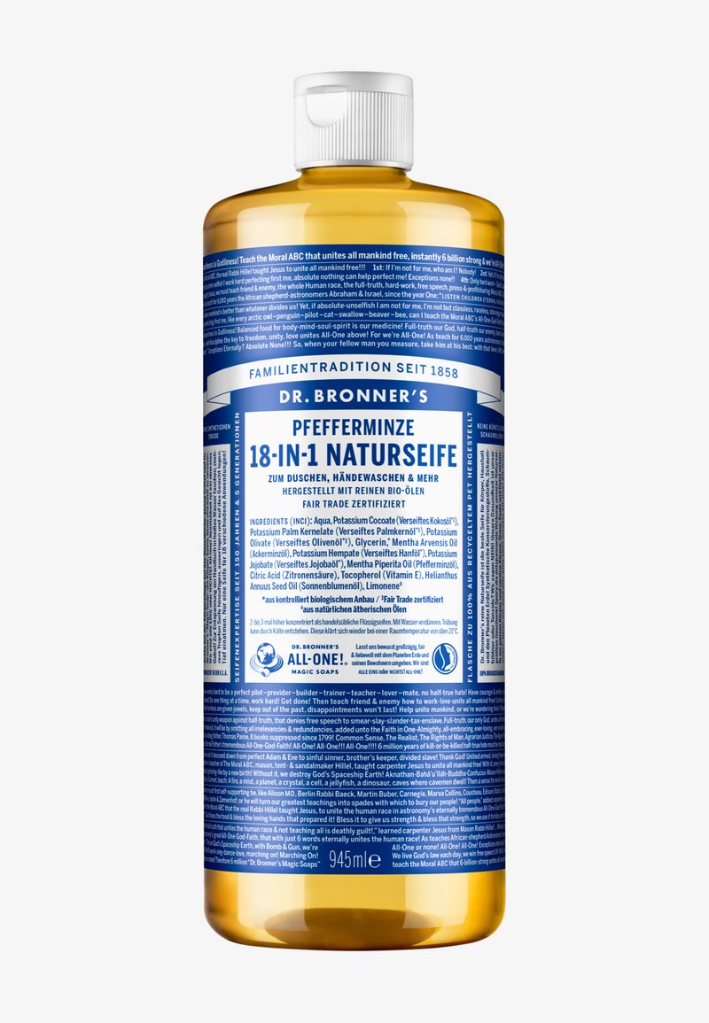 Bouteille en plastique transparent de savon à la menthe poivrée Dr. Bronner's 18-en-1, avec une étiquette bleue et blanche comportant du texte. Capacité : 945 ml. Forme légèrement courbée.