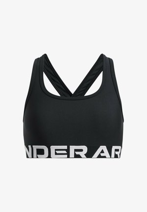 Čierny športový podprsenka vyrobená z hladkej tkaniny s prekríženým dizajnom na chrbte. Má široký elastický pás s bielym textom "UNDER ARMOUR" na spodnej strane.