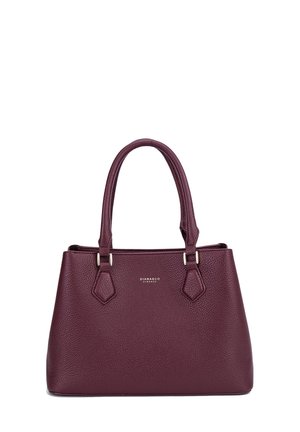 Borsa a mano in pelle bordeaux con finitura strutturata, due manici corti e dettagli in metallo dorato. Presenta un logo minimal sulla parte anteriore.