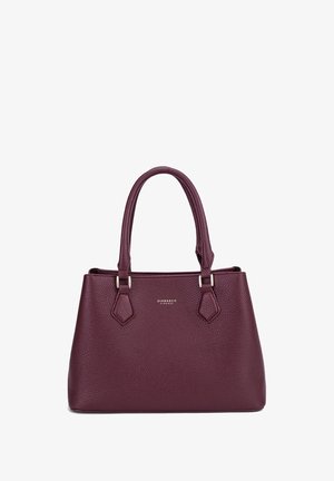 Bordeaux leren handtas met gestructureerde afwerking, twee korte handvatten en goudkleurige hardware. Heeft een minimaal logo aan de voorkant.