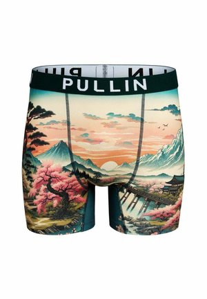 Boxers avec un imprimé paysage japonais montrant des fleurs de cerisier, des montagnes, un pont et un temple sous un ciel coloré au coucher du soleil.
