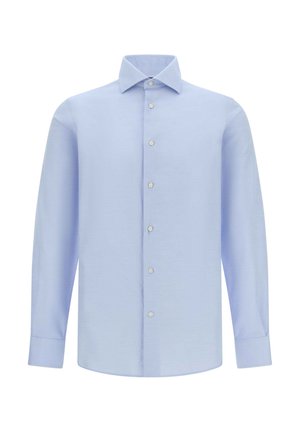 Camicia azzurra chiaro a maniche lunghe realizzata in tessuto liscio, con chiusura a bottoni sul davanti, colletto classico e polsini con bottone, orlo dritto.