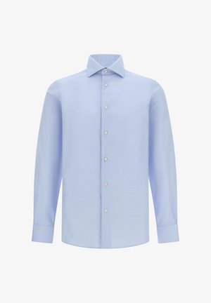 Světle modrá košile s dlouhým rukávem vyrobená z hladkého materiálu, s knoflíkovým zapínáním, klasickým límečkem a knoflíkovými manžetami, s rovnými lemy.