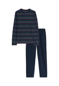 Maglietta a maniche lunghe a righe navy, con strisce multicolori. Abbinata a pantaloni navy con vita elastica. Tessuto in cotone morbido.
