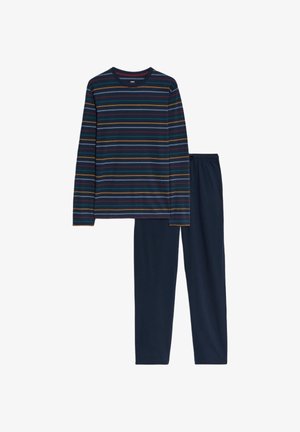Maglietta a maniche lunghe a righe navy, con strisce multicolori. Abbinata a pantaloni navy con vita elastica. Tessuto in cotone morbido.