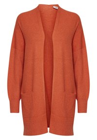 Oranžový pletený cardigan s otevřeným předním dílem, spadlými rameny, dlouhými rukávy a dvěma předními kapsami. Měkká textura a volný střih.