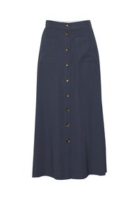 Gonna A-line blu navy con chiusura frontale a bottoni e due tasche applicate. Realizzata in tessuto morbido, presenta bottoni in tono bronzo lungo la parte anteriore.