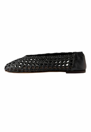 Black woven leather flat shoe with closed toe and elasticized back heel, shown in side profile on white background.