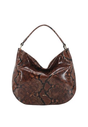 Brown glossy hobo handbag with black snake print pattern, soft slouchy shape, single handle, and small gold brand logo on front.
