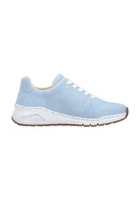 Light blue sneaker with a smooth leather upper, white laces, and a white rubber sole. Features textured accents on the sole's side.