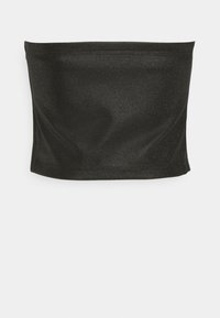 Haut noir bustier en tissu brillant et lisse. Présente un design simple et ajusté avec un ourlet élastiqué pour le confort.