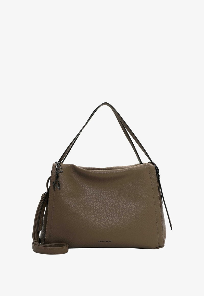 Brown textured leather handbag with dual top handles and a detachable shoulder strap; features zipper closure and subtle branding.