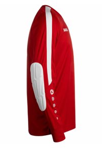 Maglia sportiva rossa a maniche lunghe con accenti bianchi e imbottitura sulle spalle. Presenta un collo rotondo e un dettaglio con bottoni sulla manica.