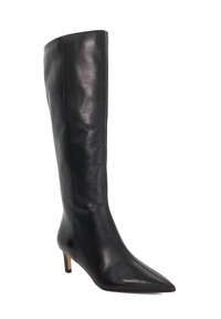 Knee-high black leather boot with a pointed toe, slim silhouette, and a low block heel, featuring a smooth texture without additional embellishments.