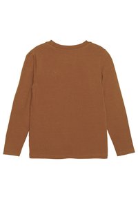 Langarmshirt in rostbraun aus weichem Stoff, mit Rundhalsausschnitt. Das Design ist schlicht, ohne Muster oder Verzierungen.