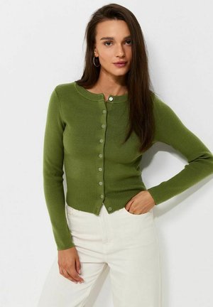 Mujer con cabello largo y castaño que lleva un cárdigan verde ajustado con botones y pantalones blancos, posando con una mano en el bolsillo contra un fondo blanco.
