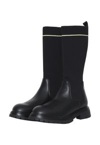 Stivali neri al ginocchio con parte superiore in maglia testurizzata, parte inferiore in pelle liscia, suola in gomma spessa e dettaglio a strisce dorate nella parte superiore.