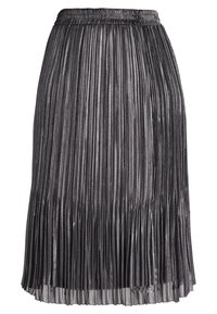 Metaliczna szara spódnica midi z cienkimi pionowymi plisami i elastycznym pasem, lekko rozkloszowana na dole.