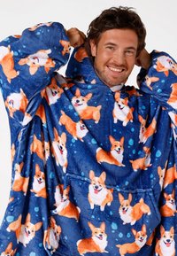 Blue, fleece oversized hoodie with large corgi pattern and light blue accents. Features a front pocket and snug hood. Soft texture.