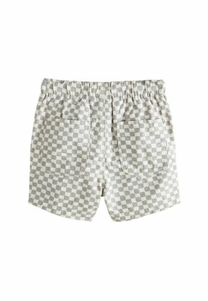 Grau-weiße karierten Shorts mit elastischem Taillenzug, ausgestattet mit zwei Gesäßtaschen und einer weichen Stofftextur.