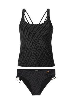 Czarny zestaw bikini z topem na ramiączkach i cienkimi paskami oraz wzorem w zebra, zestawiony z majtkami o niskim stanie z regulowanymi wiązaniami po bokach.