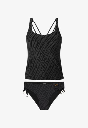 Czarny zestaw bikini z topem na ramiączkach i cienkimi paskami oraz wzorem w zebra, zestawiony z majtkami o niskim stanie z regulowanymi wiązaniami po bokach.