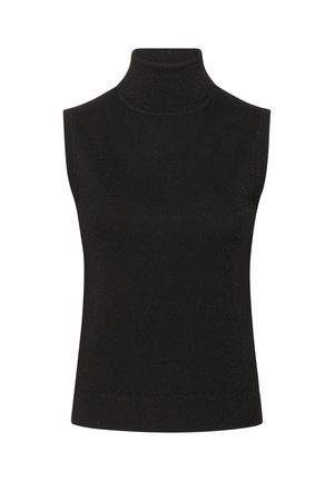 Pulover fără mâneci, negru, cu un guler înalt striat și o siluetă ajustată.