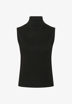 Melnā bezpiedurkņu augstpiedurkņu džemperis ar ribotu augstu kaklu un pieguļošu siluetu.