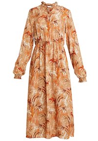 Robe longue fleurie en beige avec des accents orange et rouge. Présente un col à volants et une taille élastique. Manches longues bouffantes avec poignets élastiques.
