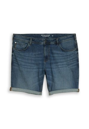 Short en denim bleu foncé avec ourlets roulés, bouton et fermeture éclair à l'avant, et design classique à cinq poches.