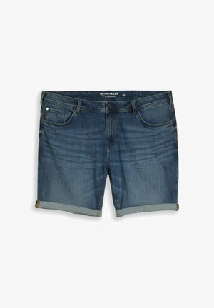 Short en denim bleu foncé avec ourlets roulés, bouton et fermeture éclair à l'avant, et design classique à cinq poches.