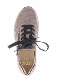 Gray suede sneaker with black laces, side zipper, and padded insole. Features gold branding inside and a textured accent near the tongue.