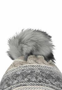 Knitted hat in shades of gray and cream, featuring a textured pattern and a large gray fur pom-pom on top.