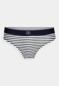 Stripet bikinio med en marineblå midjebånd og hvite striper. Laget av myk stoff, har en logotagg foran på midjebåndet.