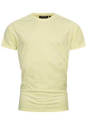 T-shirt à manches courtes jaune clair en coton doux. Doté d'un col rond et d'un petit logo sur la partie gauche de la poitrine.