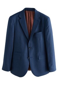 Blazer bleu marine en tissu texturé, doté d'un revers cranté, de deux poches avant et de deux boutons. Doublé de matière marron.