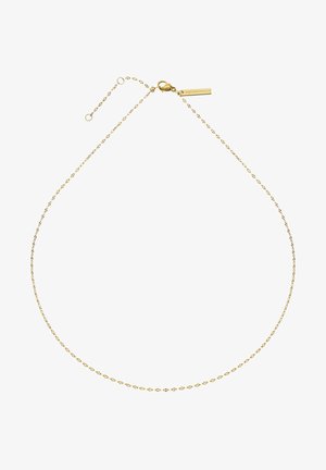 Goldene Halskette mit einer zarten, ovalen Gliederkette, ausgestattet mit einem kleinen Karabinerverschluss und einstellbarer Länge sowie einem dekorativen Anhänger.