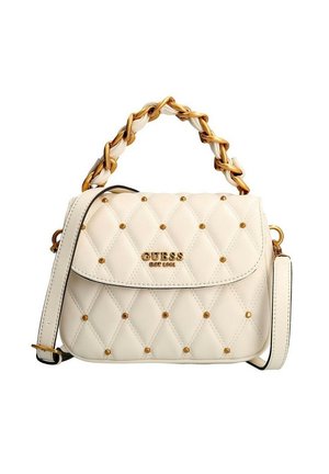 Cream quilted Guess handbag with gold studs, braided gold and leather top handle, and adjustable shoulder strap.