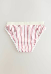 Prugasto bikini donje rublje u bijeloj i ružičastoj boji, s mekim žutim pojasom. Izrađeno je od pamuka, s glatkom teksturom i klasičnim krojem.