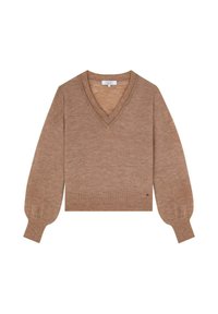 Suéter beige con cuello en V, mangas abullonadas, puños y dobladillo acanalados. Hecho de un material suave, con un pequeño detalle del logo en el lateral.