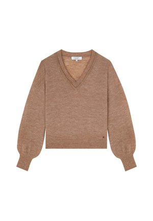 Beige V-Ausschnitt-Pullover mit Ballonärmeln, gerippten Bündchen und Saum. Hergestellt aus einem weichen Material, mit einem kleinen Logodetail an der Seite.