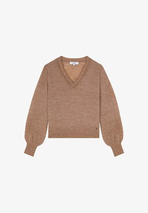 Beige V-Ausschnitt-Pullover mit Ballonärmeln, gerippten Bündchen und Saum. Hergestellt aus einem weichen Material, mit einem kleinen Logodetail an der Seite.