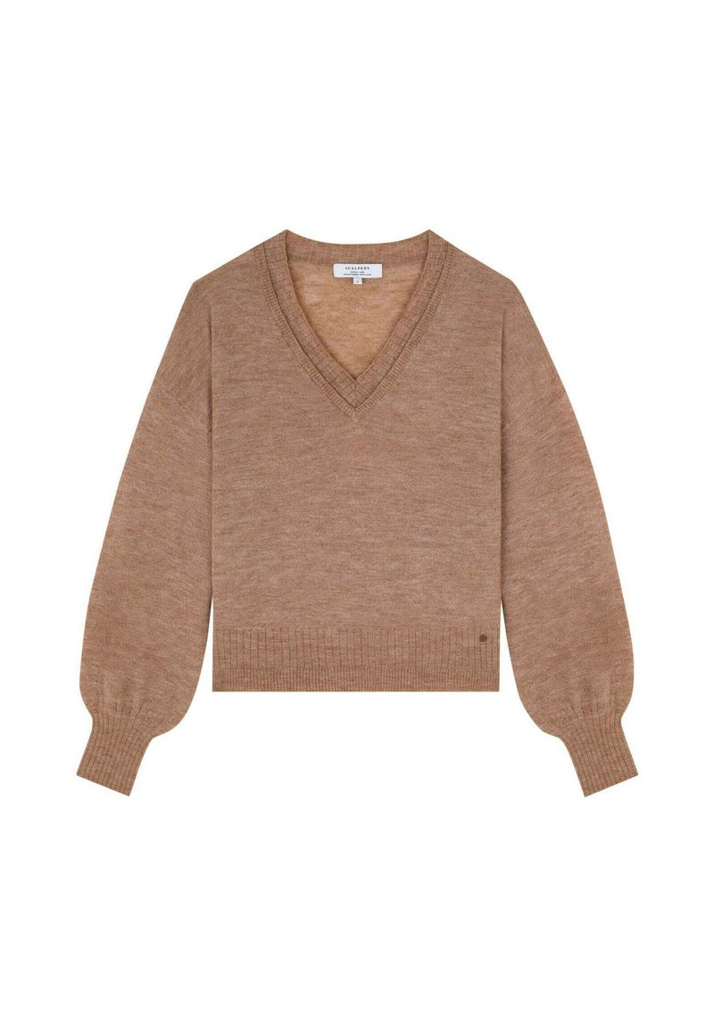 Suéter beige con cuello en V, mangas abullonadas, puños y dobladillo acanalados. Hecho de un material suave, con un pequeño detalle del logo en el lateral.