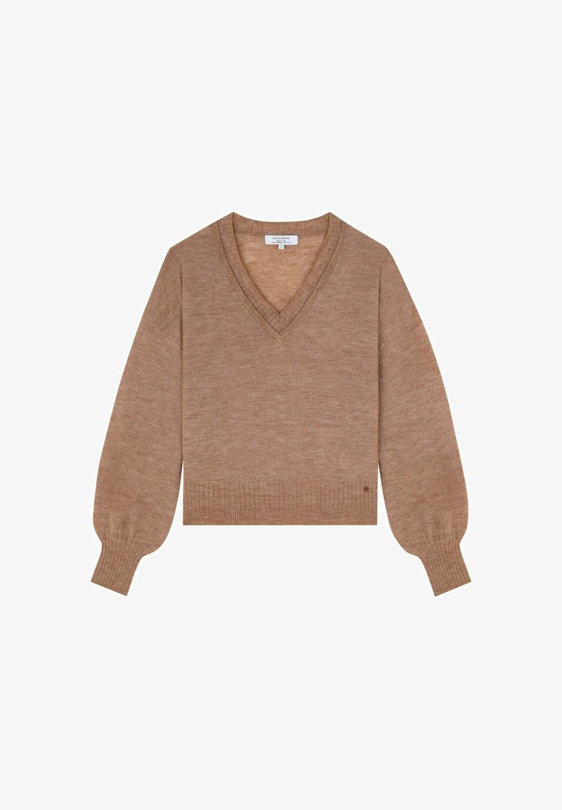 V-paita, beige villapusero, jossa on pallosuut, ribattuja hihansuita ja helma. Valmistettu pehmeästä materiaalista, jossa on pieni logotunnus sivussa.