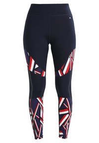 Navy leggings with multicolored geometric patterns in red, white, and blue. Features a wide waistband and contoured cut for fit.