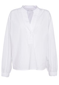 Vit blus med långa ärmar, delad V-ringning, rynkade manschetter och avslappnad passform. Tillverkad av lätt tyg med en mjuk textur.
