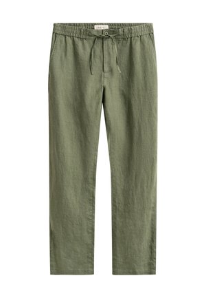 Lněné kalhoty rovného střihu v olivově zelené barvě s elastickým pasem, předním knoflíkem, stahovací šňůrkou a bočními kapsami.