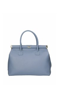 Bolso de mano de cuero azul claro con un diseño estructurado, asas superiores dobles, cierre de metal y un acabado texturizado. Presenta una base plana para mayor estabilidad.