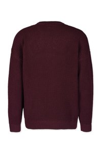 Burgundy knitted sweater with a textured pattern, ribbed cuffs, and hem. Back view showcases a loose fit and crew neck design.