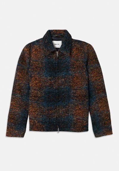 Wool blend jacket with a collar, featuring a multicolored pattern of dark blue, orange, and brown. Front zip closure and side pockets.